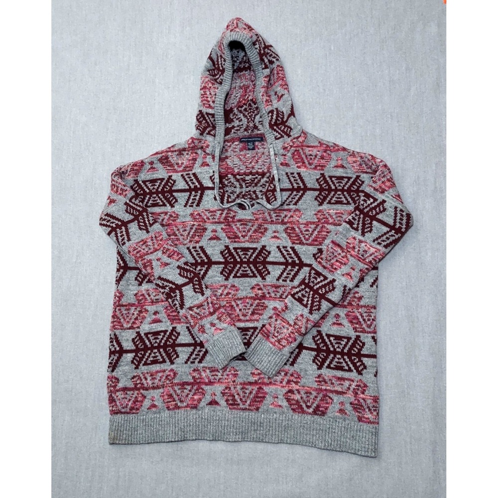 American Eagle Outfitters XS Knit Unisex Hoodie Gray Burgundy‎ Southwest Aztec